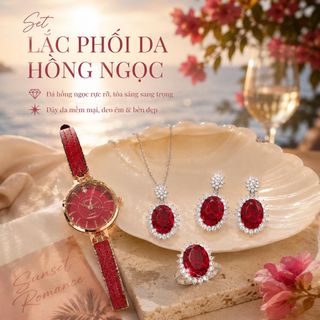 Set đồng hồ nữ Gossie dây phối da đỏ kết hợp trang sức hồng ngọc sang trọng Set Lắc Phối Da Hồng Ngọc