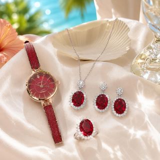 Set đồng hồ nữ Gossie dây phối da đỏ kết hợp trang sức hồng ngọc sang trọng Set Lắc Phối Da Hồng Ngọc