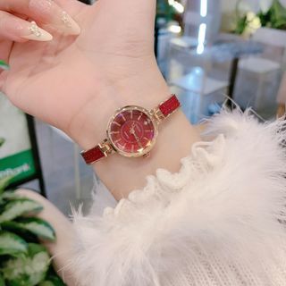 Set đồng hồ nữ Gossie dây phối da đỏ kết hợp trang sức hồng ngọc sang trọng Set Lắc Phối Da Hồng Ngọc