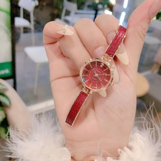 Set đồng hồ nữ Gossie dây phối da đỏ kết hợp trang sức hồng ngọc sang trọng Set Lắc Phối Da Hồng Ngọc