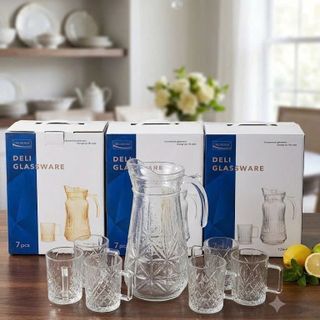 Bộ Bình 6 Cốc Thủy Tinh Trắng Quai (THÙNG 8B)