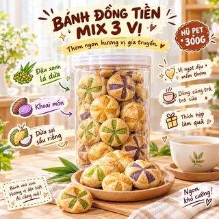 🍪 BÁNH ĐỒNG TIỀN MIX 3 VỊ 300G – HŨ 12 BÁNH NHỎ XINH, THƠM NGON KHÓ CƯỠNG!