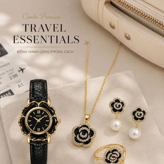 Set đồng hồ nữ phối trang sức hoa trà đen sang trọng Gossie Camellia Hoa Trà Đen