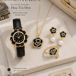Set đồng hồ nữ phối trang sức hoa trà đen sang trọng Gossie Camellia Hoa Trà Đen