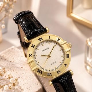 Đồng hồ nữ Gossie dây đen mặt tròn số La Mã phong cách cổ điển Gossie Đen La Mã