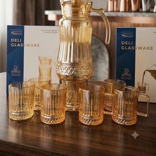 Bộ Bình 6 Cốc Thủy Tinh Vàng Quai (THÙNG 8B)