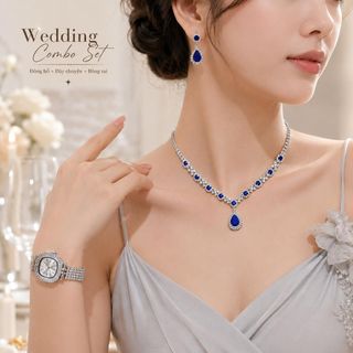 Set đồng hồ nữ phối dây chuyền, bông tai ruby xanh giọt nước sang trọng Set Mâm Xôi Ruby Xanh