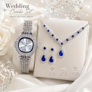Set đồng hồ nữ phối dây chuyền, bông tai ruby xanh giọt nước sang trọng Set Mâm Xôi Ruby Xanh