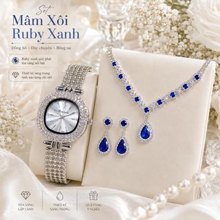 Set đồng hồ nữ phối dây chuyền, bông tai ruby xanh giọt nước sang trọng Set Mâm Xôi Ruby Xanh
