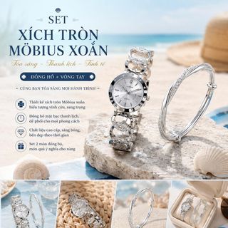 Set đồng hồ nữ Gossie phối vòng tay Möbius xoắn tone bạc thanh lịch Set Xích Tròn Möbius Xoắn