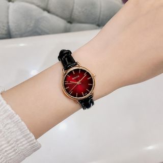 Set đồng hồ nữ Bolun dây da đen phối dây chuyền, bông tai ruby đỏ sang trọng Set Bolun Ruby Hoa Đỏ
