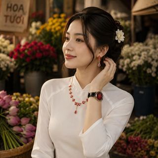 Set đồng hồ nữ Bolun dây da đen phối dây chuyền, bông tai ruby đỏ sang trọng Set Bolun Ruby Hoa Đỏ