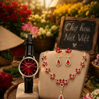 Set đồng hồ nữ Bolun dây da đen phối dây chuyền, bông tai ruby đỏ sang trọng Set Bolun Ruby Hoa Đỏ