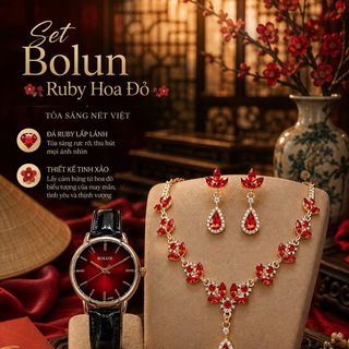 Set đồng hồ nữ Bolun dây da đen phối dây chuyền, bông tai ruby đỏ sang trọng Set Bolun Ruby Hoa Đỏ