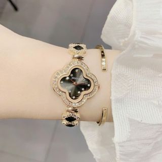 Set đồng hồ nữ Gossie phối dây chuyền, bông tai, nhẫn cỏ bốn lá đen ngọc trai sang trọng Set Cỏ Bốn Lá Đen Ngọc Trai Tứ Diệp