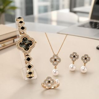 Set đồng hồ nữ Gossie phối dây chuyền, bông tai, nhẫn cỏ bốn lá đen ngọc trai sang trọng Set Cỏ Bốn Lá Đen Ngọc Trai Tứ Diệp