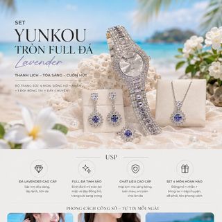 Set đồng hồ nữ Yunkou mặt tròn full đá phối trang sức Lavender sang trọng Set Yunkou Tròn Full Đá Lavender
