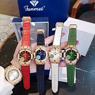 Đồng hồ nữ Funmei F1503L chính hãng - Aurora Bezel 34, viền đá, dây da - Sỉ từ 5 chiếc