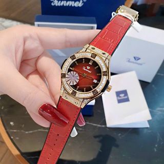 Đồng hồ nữ Funmei F1503L chính hãng - Aurora Bezel 34, viền đá, dây da - Sỉ từ 5 chiếc