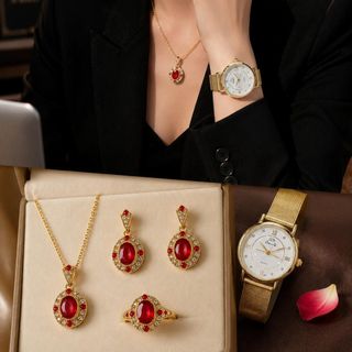 Set đồng hồ nữ QB dây mành phối dây chuyền, bông tai, nhẫn ruby đỏ sang trọng Set QB Mành Ruby Hoàng Gia