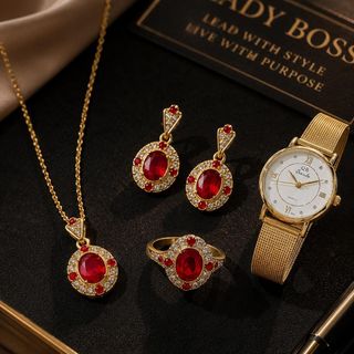 Set đồng hồ nữ QB dây mành phối dây chuyền, bông tai, nhẫn ruby đỏ sang trọng Set QB Mành Ruby Hoàng Gia