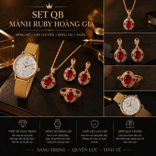 Set đồng hồ nữ QB dây mành phối dây chuyền, bông tai, nhẫn ruby đỏ sang trọng Set QB Mành Ruby Hoàng Gia
