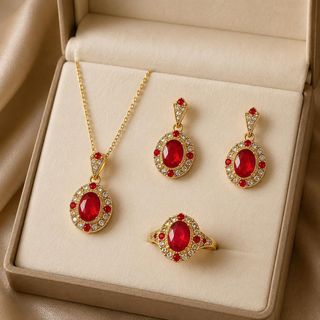 Set đồng hồ nữ QB dây mành phối dây chuyền, bông tai, nhẫn ruby đỏ sang trọng Set QB Mành Ruby Hoàng Gia