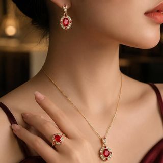 Set trang sức nữ đính đá đỏ sang trọng phối nhẫn – dây chuyền – hoa tai Set Ruby Hoàng Gia