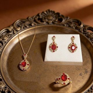 Set trang sức nữ đính đá đỏ sang trọng phối nhẫn – dây chuyền – hoa tai Set Ruby Hoàng Gia