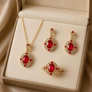 Set trang sức nữ đính đá đỏ sang trọng phối nhẫn – dây chuyền – hoa tai Set Ruby Hoàng Gia