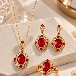 Set trang sức nữ đính đá đỏ sang trọng phối nhẫn – dây chuyền – hoa tai Set Ruby Hoàng Gia