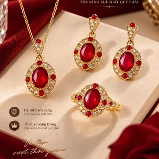 Set trang sức nữ đính đá đỏ sang trọng phối nhẫn – dây chuyền – hoa tai Set Ruby Hoàng Gia