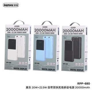 Pin sạc dự phòng Remax RPP-680 20000mAh Kèm 2 cáp sạc nhanh 20W+22.5W, Tích hợp màn hình led hiển thị phần trăm pin