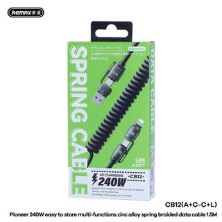 Cáp Lò Xo đa năng truyền dữ liệu REMAX Pioneer 240W bọc dù đầu hợp kim kẽ CB12 sạc đa năng 4in1