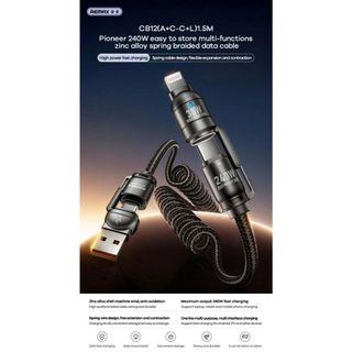 Cáp Lò Xo đa năng truyền dữ liệu REMAX Pioneer 240W bọc dù đầu hợp kim kẽ CB12 sạc đa năng 4in1