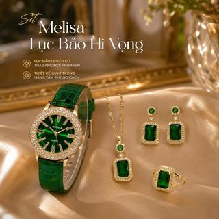 Set đồng hồ nữ Melisa phối dây chuyền, bông tai, nhẫn lục bảo xanh sang trọng Set Melisa Lục Bảo Hi Vọng