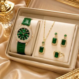 Set đồng hồ nữ Melisa phối dây chuyền, bông tai, nhẫn lục bảo xanh sang trọng Set Melisa Lục Bảo Hi Vọng