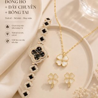 Set đồng hồ nữ Gossie phối dây chuyền, bông tai cỏ bốn lá mắt mèo sang trọng Set Gossie Mắt Mèo Cỏ Bốn Lá