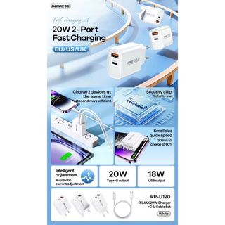 Bộ củ cáp sạc nhanh 20w Remax RP-U120 US tích hợp dây sạc C to C/ C to L tương thích đa năng hỗ trợ nhiều thiết bị