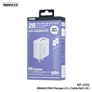 Bộ củ cáp sạc nhanh 20w Remax RP-U120 US tích hợp dây sạc C to C/ C to L tương thích đa năng hỗ trợ nhiều thiết bị