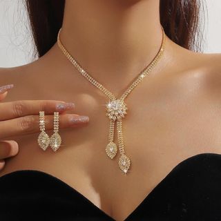Set trang sức nữ tone vàng đính đá hoa ánh dương sang trọng Set Kim Hoa Ánh Dương