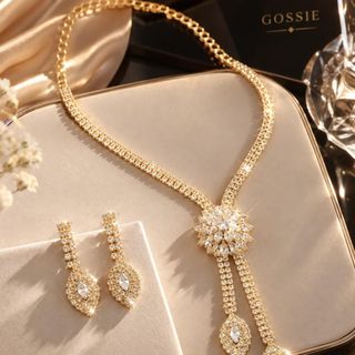 Set trang sức nữ tone vàng đính đá hoa ánh dương sang trọng Set Kim Hoa Ánh Dương