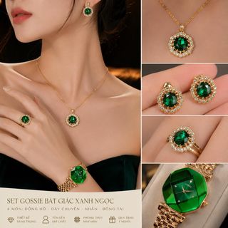 Set đồng hồ nữ mặt bát giác xanh ngọc phối trang sức đồng bộ Gossie – Set Gossie Bát Giác Xanh Ngọc
