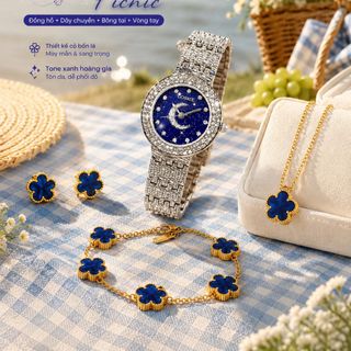 Set đồng hồ nữ phối trang sức cỏ bốn lá xanh thẳm sang trọng – Set Trăng Sao Cỏ Bốn Lá Xanh Thẳm