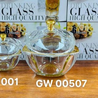 Hũ Mứt Thủy Tinh Núm Vàng 3 Góc ST 001 (THÙNG 24C)