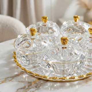 Bộ 5 Hũ Mứt Thủy Tinh Kèm Đĩa Tròn Tia Viền Vàng SJ 001 VV (THÙNG 12C)