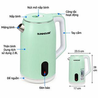 ẤM SIÊU TỐC INOX 2 LỚP SUNHOUSE SHD1364 - 2.8L (T12)