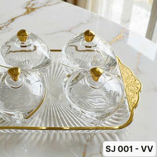 Bộ 4 Hũ Mứt Trắng Núm Vàng Kèm Khay Chữ Nhật (THÙNG 12B)