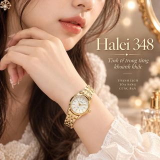 Đồng hồ nữ Halei 348 mặt tròn dây kim loại vàng thanh lịch Halei 348