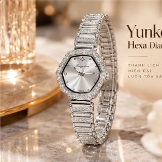 Đồng hồ nữ Yunkou mặt bát giác viền đá dây kim loại sang trọng Yunkou Hexa Diamond